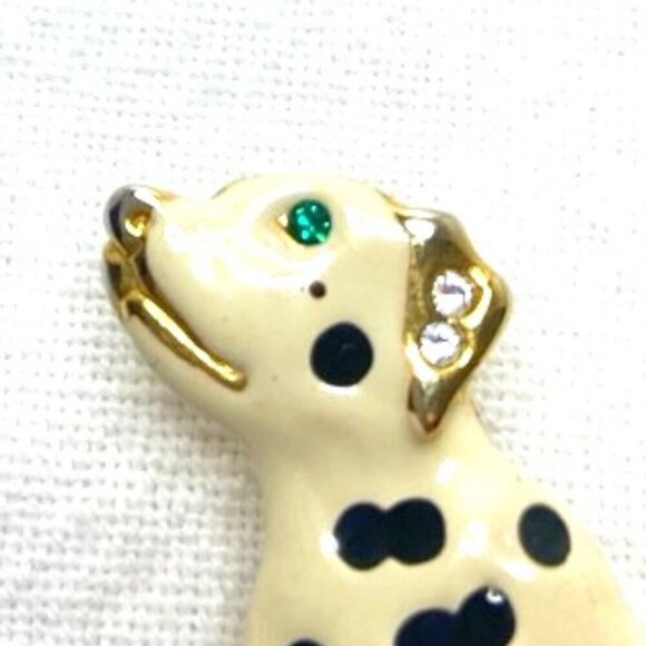 Vintage Dalmatian Dog Pin Brooch Enamel Rhinestone Green Eye - Picture 2 of 3